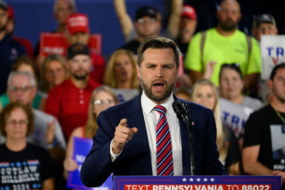 Republican vice presidential nominee, U.S. Sen. J.D. Vance (R-OH) speaks at a rally at trucking company, Team Hardinger on August 28, 2024 in Erie, Pennsylvania. (Jeff Swensen/Getty Images)