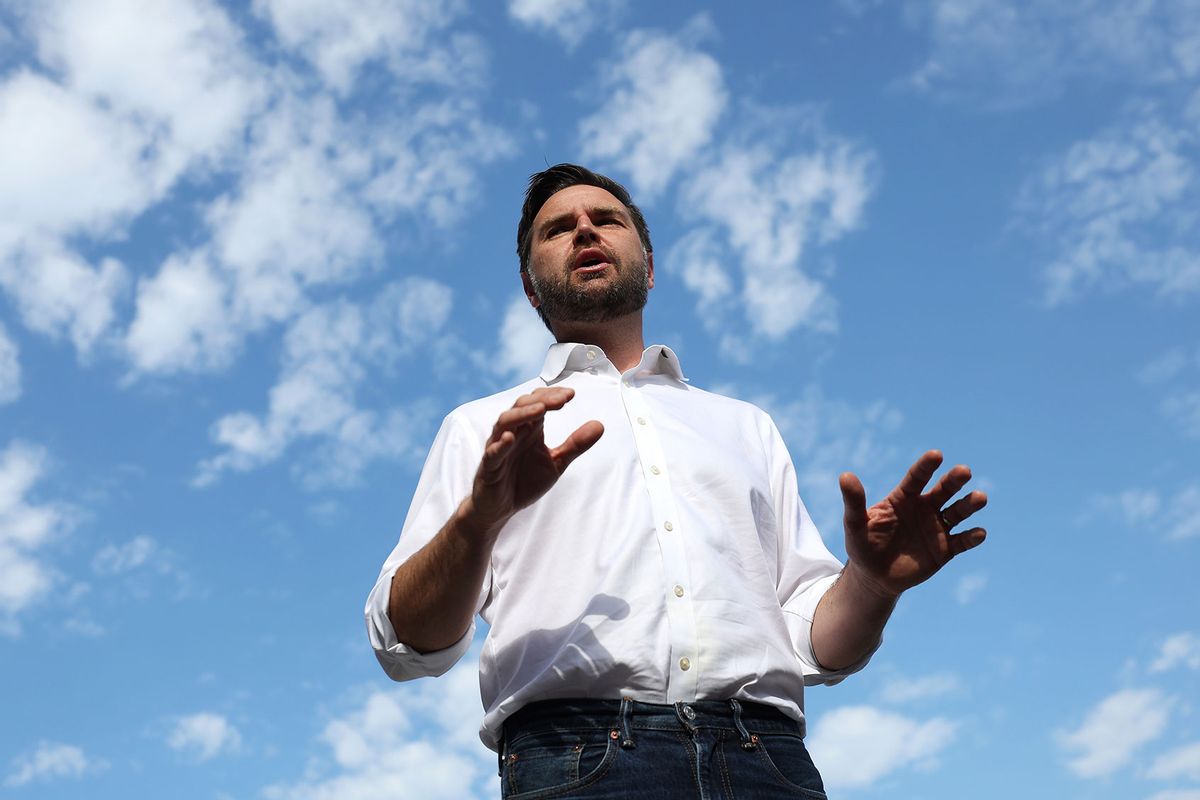 Republican vice presidential nominee, U.S. Sen. J.D. Vance (R-OH) speaks to reporters in front of the border wall with Mexico on September 06, 2024 in San Diego, California. (Justin Sullivan/Getty Images)