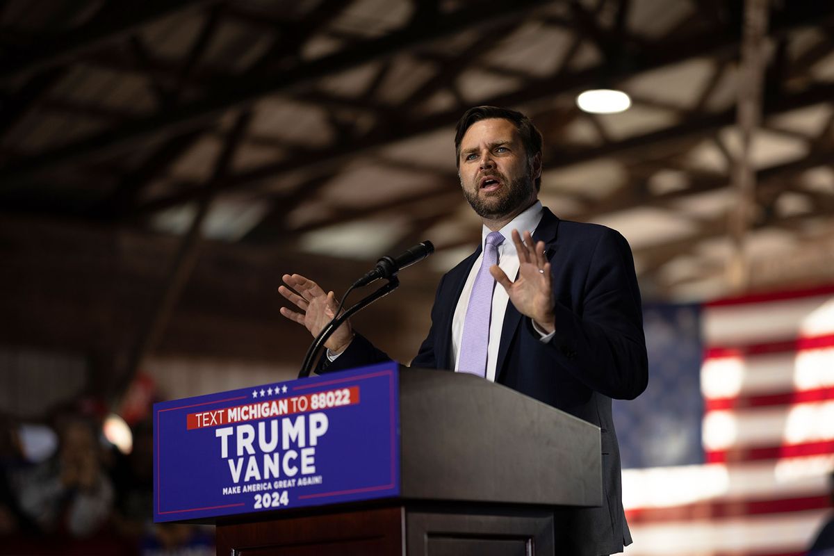 Republican vice presidential nominee U.S. Sen. JD Vance (R-OH) speaks to supporters during a campaign event at the Northwestern Michigan Fair grounds on September 25, 2024 in Traverse City, Michigan. (Scott Olson/Getty Images)