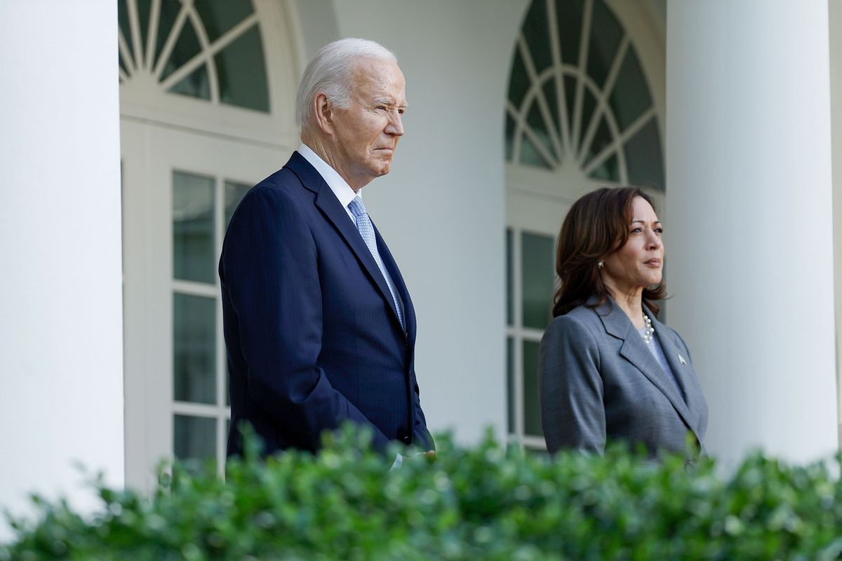 U.S. President Joe Biden and U.S. Vice President Kamala Harris listen as Second gentleman Doug Emhoff speaks at an event celebrating Jewish American Heritage Month in the Rose Garden of the White House on May 20, 2024 in Washington, DC. (Anna Moneymaker/Getty Images)