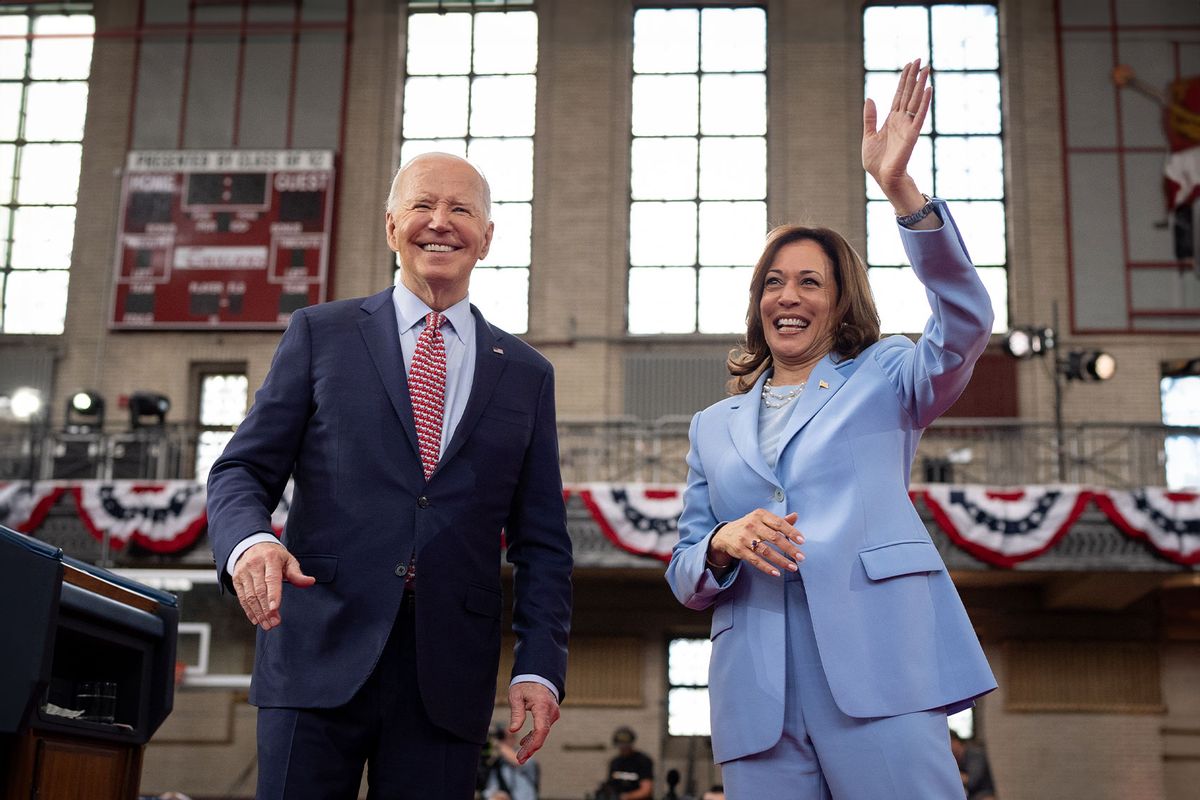 U.S. President Joe Biden and U.S. Vice President Kamala Harris wave to members of the audience after speaking at a campaign rally at Girard College on May 29, 2024 in Philadelphia, Pennsylvania. (Andrew Harnik/Getty Images)