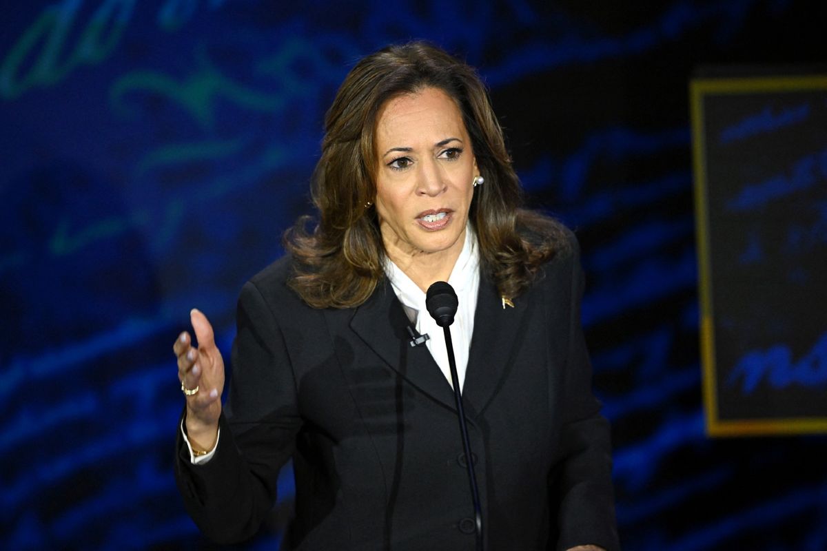 US Vice President and Democratic presidential candidate Kamala Harris speaks during a presidential debate with former US President and Republican presidential candidate Donald Trump at the National Constitution Center in Philadelphia, Pennsylvania, on September 10, 2024.  (SAUL LOEB/AFP via Getty Images)