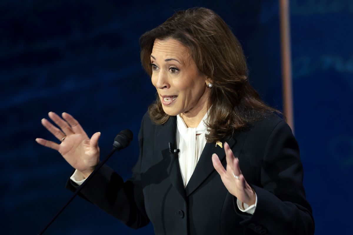 Democratic presidential nominee, U.S. Vice President Kamala Harris, debates Republican presidential nominee, former U.S. president Donald Trump, for the first time during the presidential election campaign at The National Constitution Center on September 10, 2024 in Philadelphia, Pennsylvania.  (Win McNamee/Getty Images)