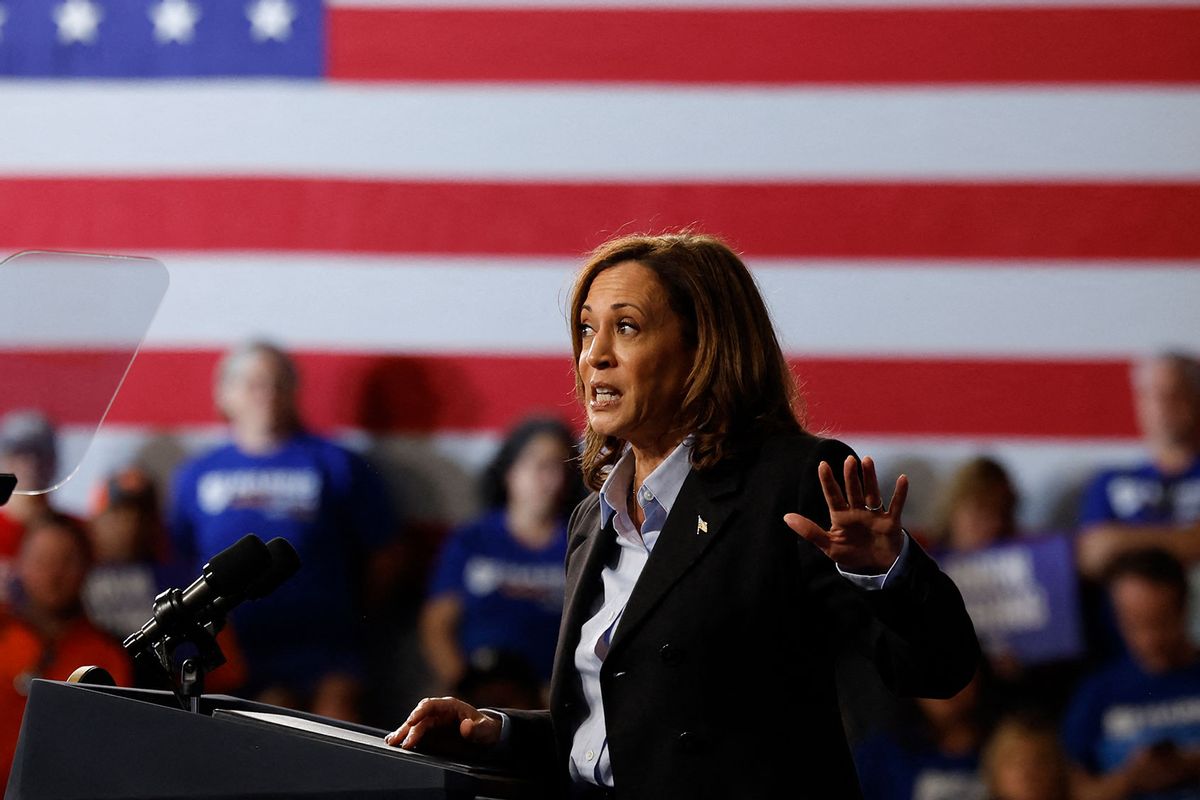 US Vice President and Democratic presidential candidate Kamala Harris speaks at a Labor Day event at Northwestern High School in Detroit, Michigan, September 2, 2024. (JEFF KOWALSKY/AFP via Getty Images)