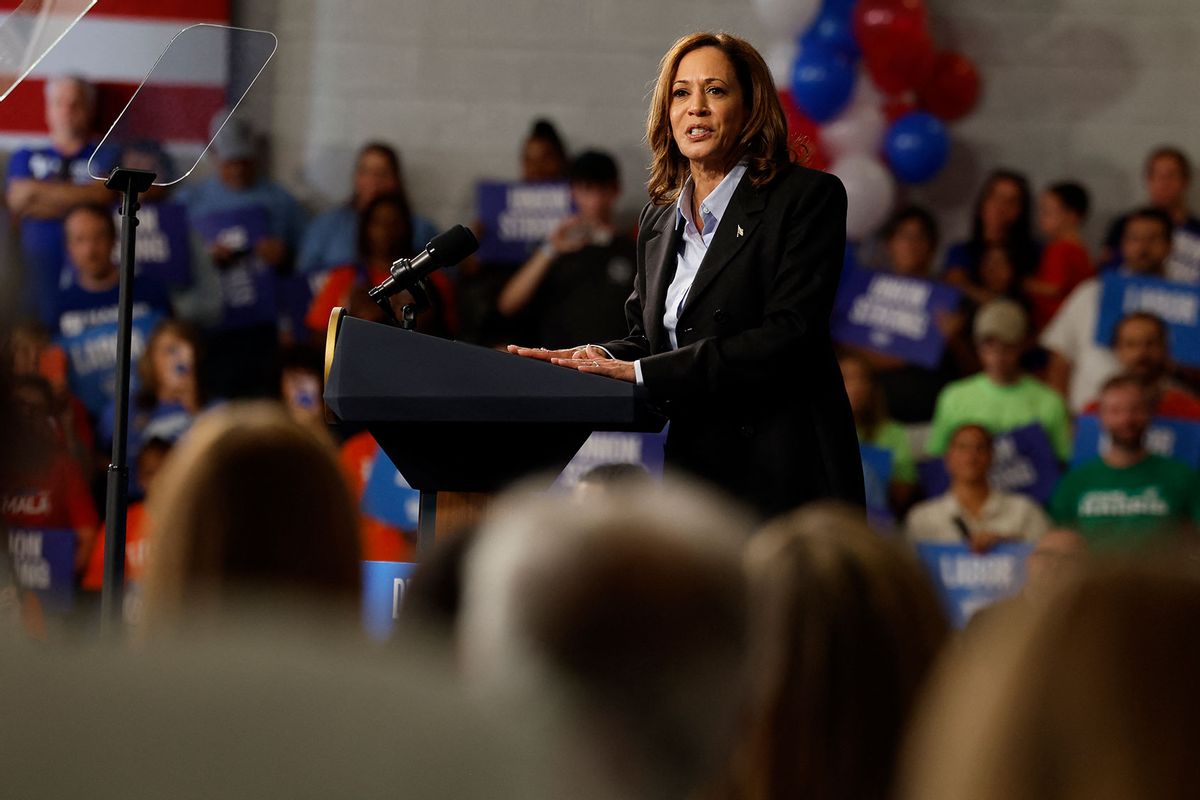 US Vice President and Democratic presidential candidate Kamala Harris speaks at a Labor Day event at Northwestern High School in Detroit, Michigan, September 2, 2024. (JEFF KOWALSKY/AFP via Getty Images)