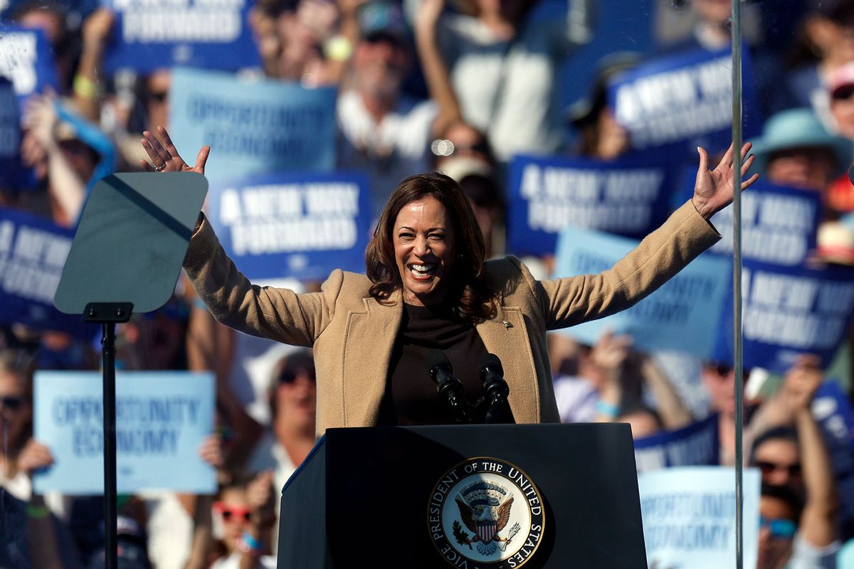 U.S. Vice President and Democratic presidential candidate Kamala Harris speaks during a campaign event at Throwback Brewery on September 4, 2024. (Danielle Parhizkaran/The Boston Globe via Getty Images)