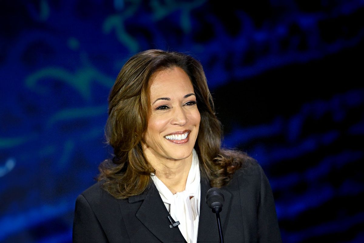 US Vice President and Democratic presidential candidate Kamala Harris smiles during a presidential debate with former US President and Republican presidential candidate Donald Trump at the National Constitution Center in Philadelphia, Pennsylvania, on September 10, 2024. (SAUL LOEB/AFP via Getty Images)