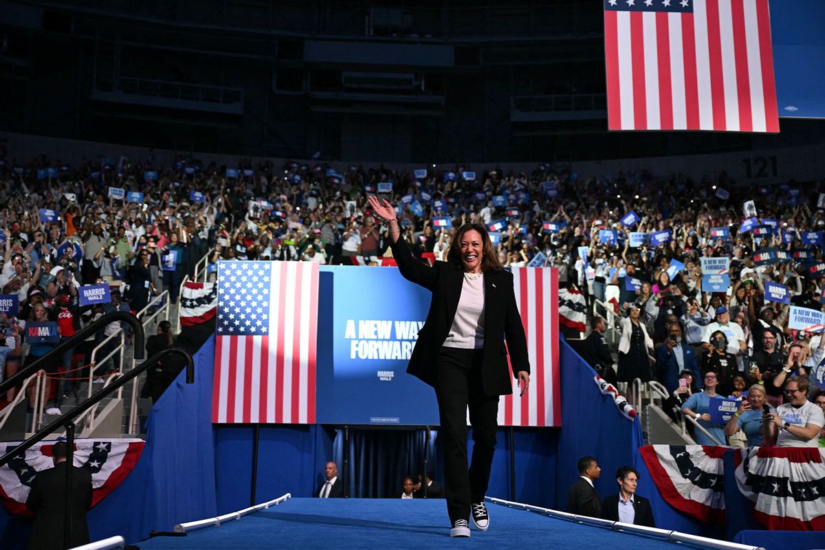 US Vice President and Democratic presidential candidate Kamala Harris arrives to speak at a campaign rally at the Bojangles Coliseum in Charlotte, North Carolina, on September 12, 2024. (JIM WATSON/AFP via Getty Images)