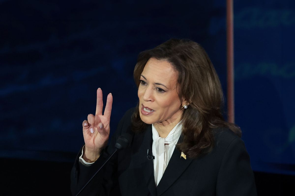 Democratic presidential nominee, U.S. Vice President Kamala Harris, debates Republican presidential nominee, former U.S. president Donald Trump, for the first time during the presidential election campaign at The National Constitution Center on September 10, 2024 in Philadelphia, Pennsylvania. (Win McNamee/Getty Images)