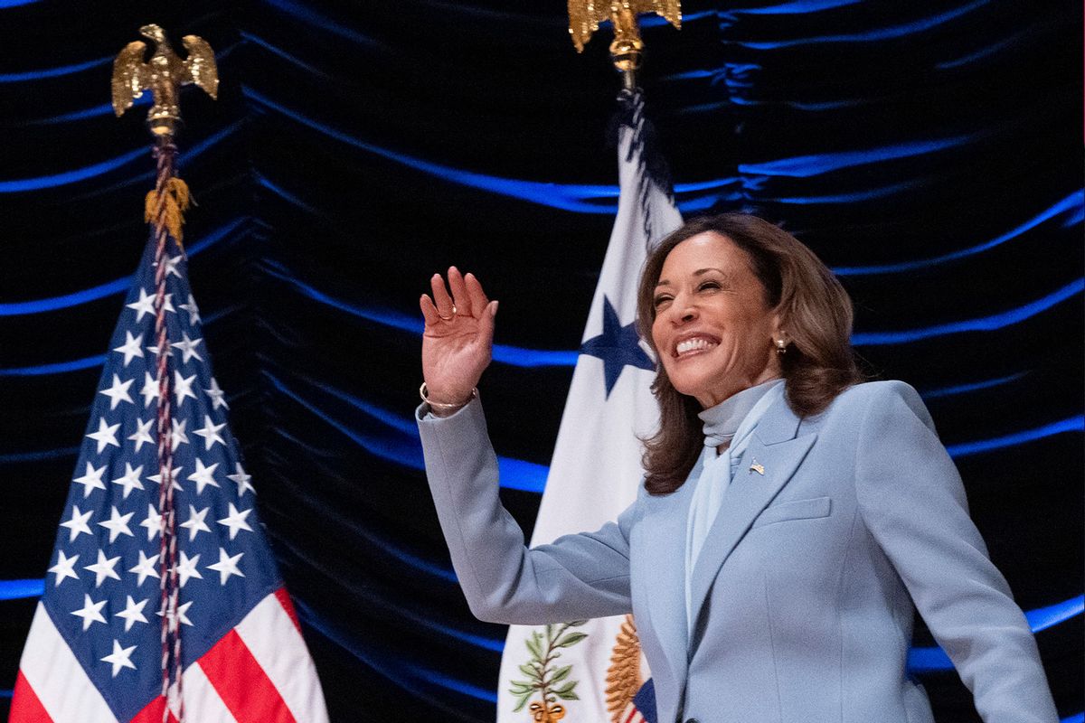 US Vice President and Democratic presidential nominee Kamala Harris waves ater speaking at the Congressional Hispanic Caucus Institute in Washington, DC, on September 18, 2024. (ROBERTO SCHMIDT/AFP via Getty Images)