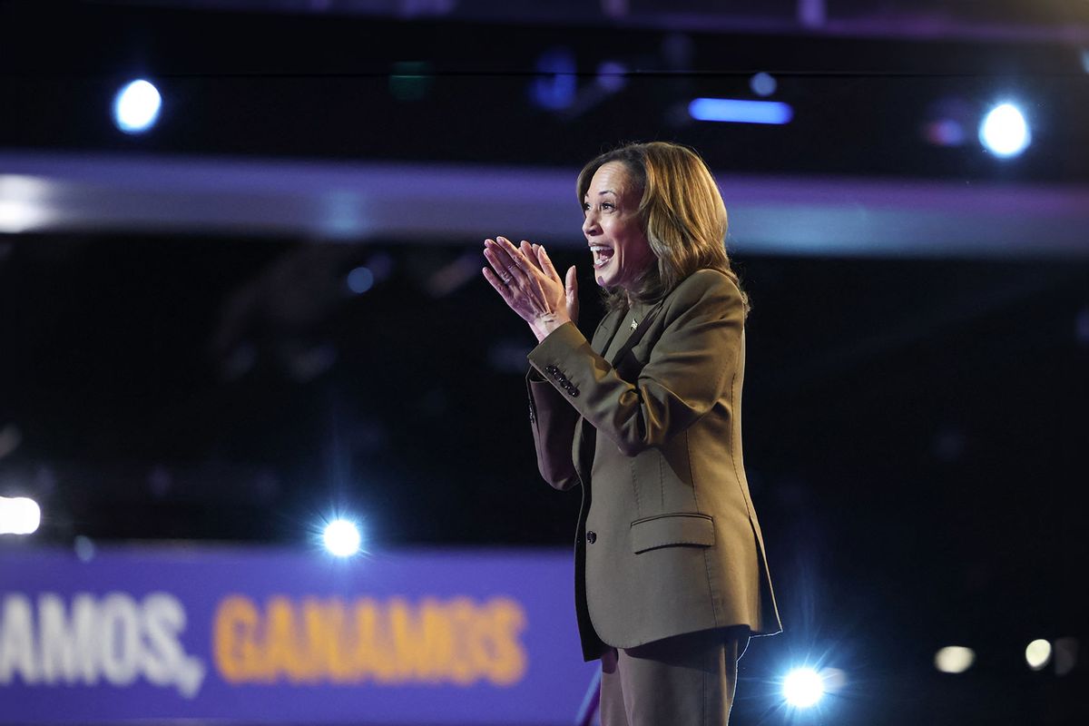 US Vice President and Democratic presidential candidate Kamala Harris applauds her suporters as she leaves after speaking at a campaign event at the Expo at World Market Center in Las Vegas, Nevada, September 29, 2024. (RONDA CHURCHILL/AFP via Getty Images)