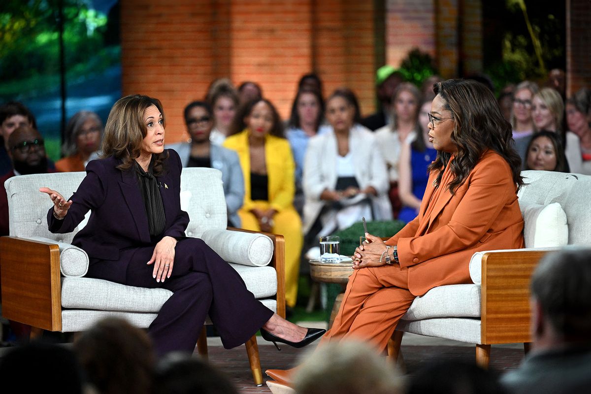 US Vice President and Democratic presidential candidate Kamala Harris (L) joins US television producer Oprah Winfrey at a 'Unite for America' live streaming rally in Farmington Hills, Michigan, on September 19, 2024. (SAUL LOEB/AFP via Getty Images)