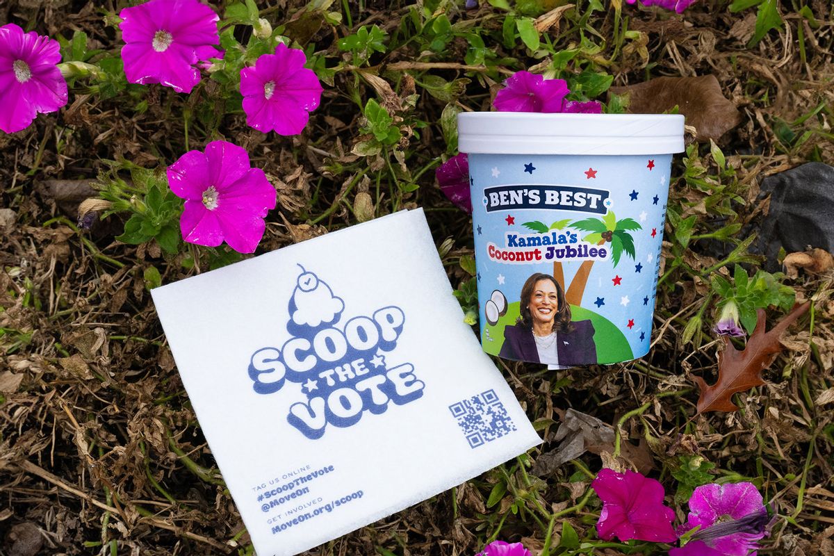 A view of a Scoop The Vote flier and Ben's Best Kamala's Coconut Jubilee as Ben & Jerry’s, partnered with MoveOn to hand out free ice cream at Franklin Square in Philadelphia during their Scoop The Vote tour to get-out-the-vote for Vice President Kamala Harris and Democrats down the ballot on September 16, 2024 in Philadelphia, Pennsylvania. (Lisa Lake/Getty Images for MoveOn)