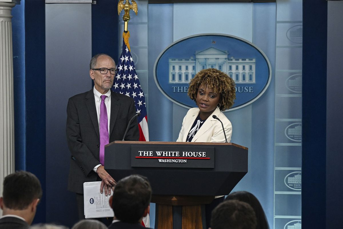 The White House Press Secretary Karine Jean-Pierre speaks at a White House Press Briefing at the White House on September 3, 2024 in Washington, DC. (Celal Gunes/Anadolu via Getty Images)