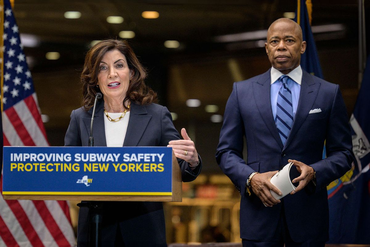 New York Governor Kathy Hochul and New York mayor Eric Adams make an announcement on subway safety during a press conference at Fulton Transit Center on January 27, 2023 in New York. (ANGELA WEISS/AFP via Getty Images)