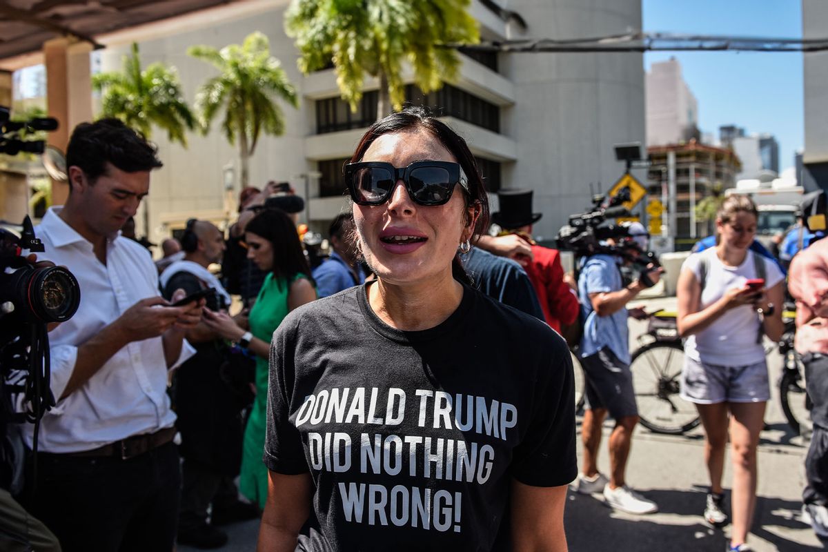 Laura Loomer, a right wing pundit and supporter of former U.S. President Donald Trump gathers outside the Wilkie D. Ferguson Jr. United States Federal Courthouse where former President Donald Trump is scheduled to be arraigned later in the day on June 13, 2023 in Miami, Florida. (Stephanie Keith/Getty Images)