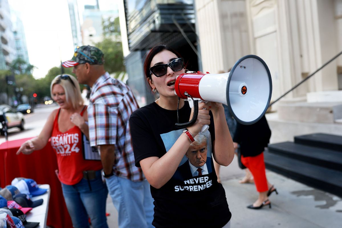 Laura Loomer shows her support for former President Donald Trump outside a campaign event for Republican presidential candidate Florida Gov. Ron DeSantis at The Vault on October 05, 2023 in Tampa, Florida. (Joe Raedle/Getty Images)