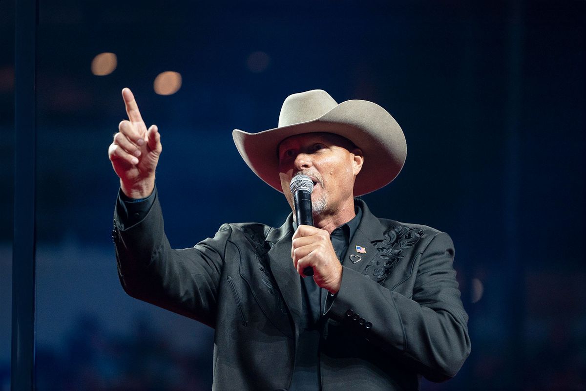 Pinal County Sheriff Mark Lamb speaks during a campaign rally for Republican presidential nominee, former U.S. President Donald Trump at Desert Diamond Arena on August 23, 2024 in Glendale, Arizona. (Rebecca Noble/Getty Images)