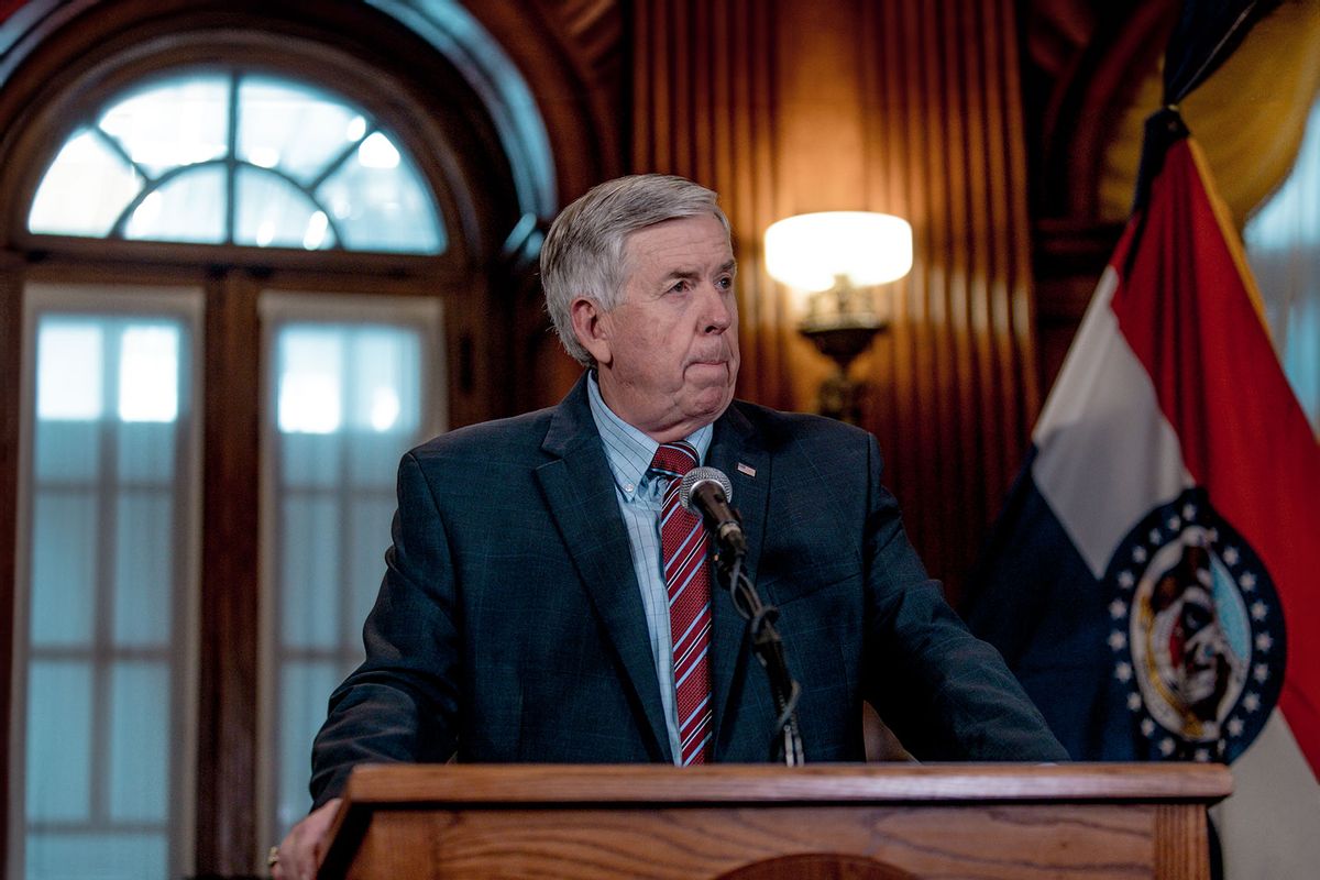 Gov. Mike Parson listens to a media question during a press conference to discuss the status of license renewal for the St. Louis Planned Parenthood facility on May 29, 2019 in Jefferson City, Missouri. (Jacob Moscovitch/Getty Images)