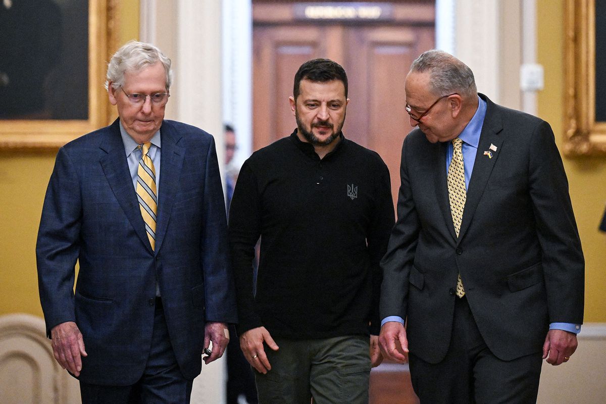 Ukrainian President Volodymyr Zelensky (C) walks with US Senate Majority Leader Chuck Schumer (R), Democrat from New York, and Senate Minority Leader Mitch McConnell, Republican from Kentucky, on their way to a bipartisan meeting of Senators at the US Capitol on September 26, 2024, in Washington, DC. (DREW ANGERER/AFP via Getty Images)