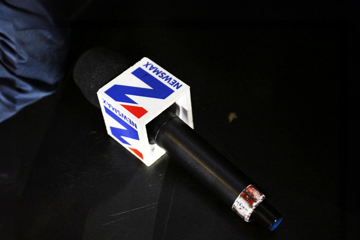 A Newsmax microphone is seen during the third day of the 2024 Republican National Convention at the Fiserv Forum in Milwaukee, Wisconsin, on July 17, 2024. (PATRICK T. FALLON/AFP via Getty Images)