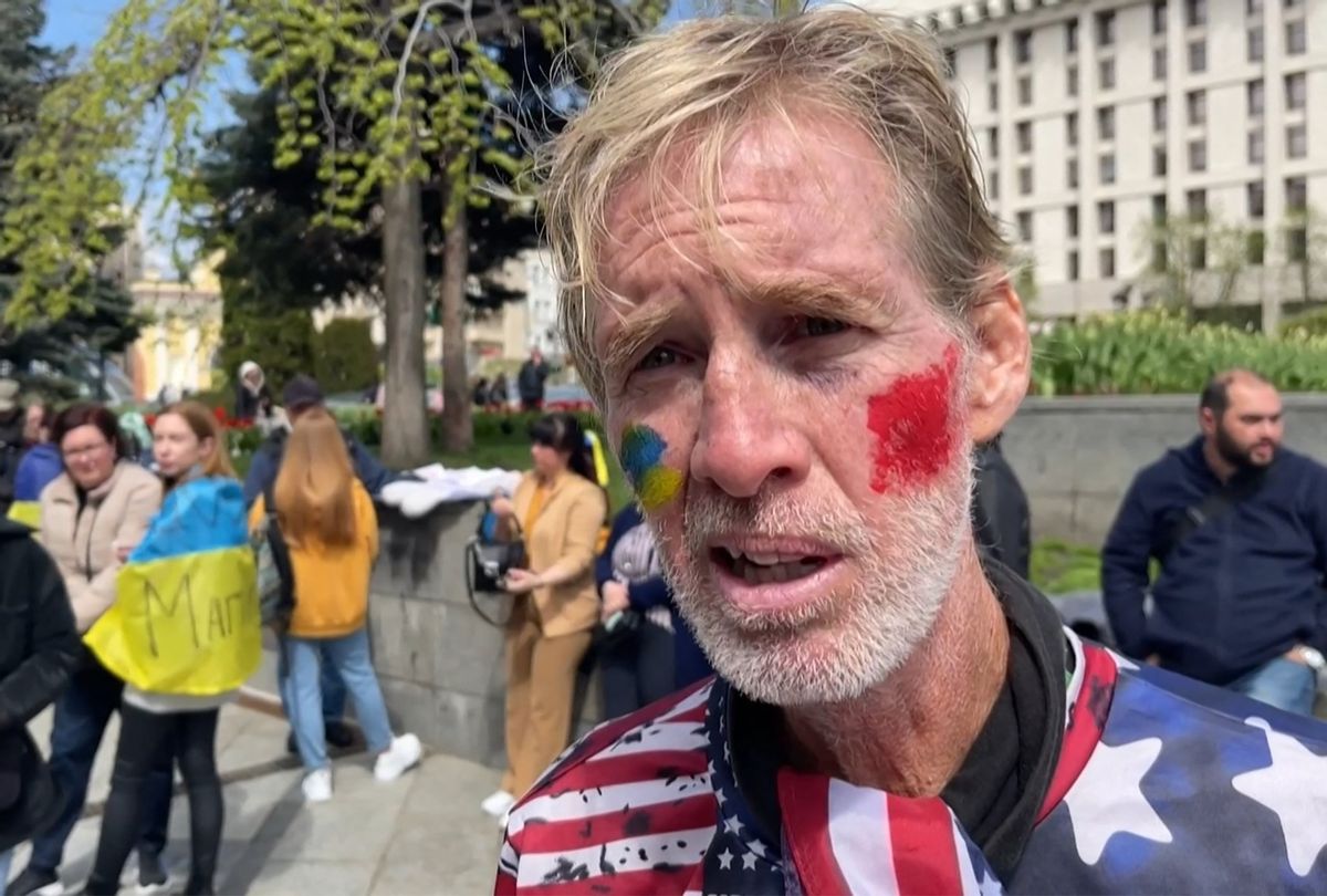 This screengrab taken from AFPTV on September 16, 2024 shows Ryan Wesley Routh speaking during an interview at a pro-Ukraine rally on April 27, 2022, amid Russia's invasion of Ukraine. Routh, 58, was arrested after US Secret Service agents "opened fire on a gunman" carrying an AK-47 style rifle near the boundary of Donald Trump's Florida golf course where the former president was golfing on September 15, 2024. (AFPTV/AFP via Getty Images)