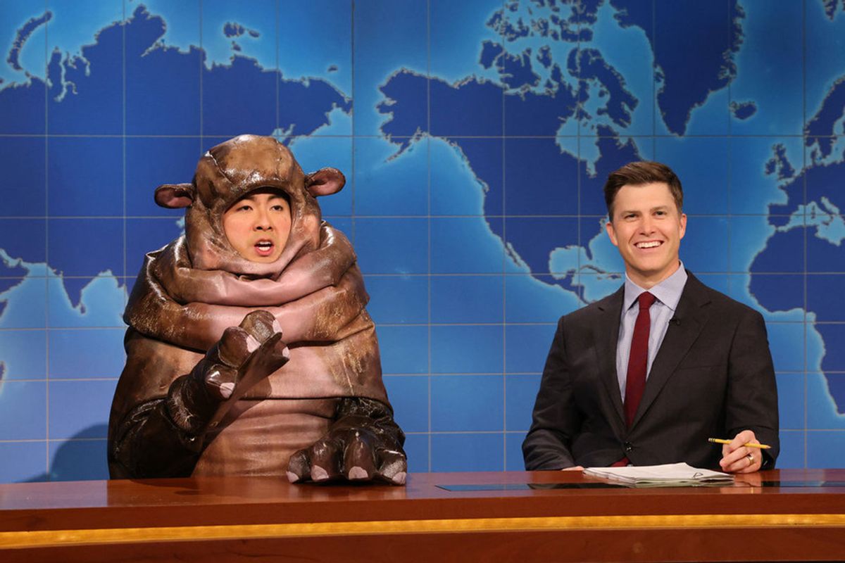 Bowen Yang as Moo Dang the hippo and Colin Jost during Weekend Update on Saturday, September 28, 2024 (Will Heath/NBC)