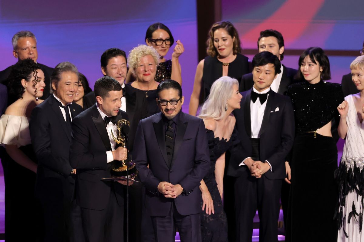 (L-R) Justin Marks, Shannon Goss, and Hiroyuki Sanada accept the Outstanding Drama Series award for “Shōgun” onstage during the 76th Primetime Emmy Awards at Peacock Theater on September 15, 2024, in Los Angeles, California. (Kevin Winter/Getty Images)