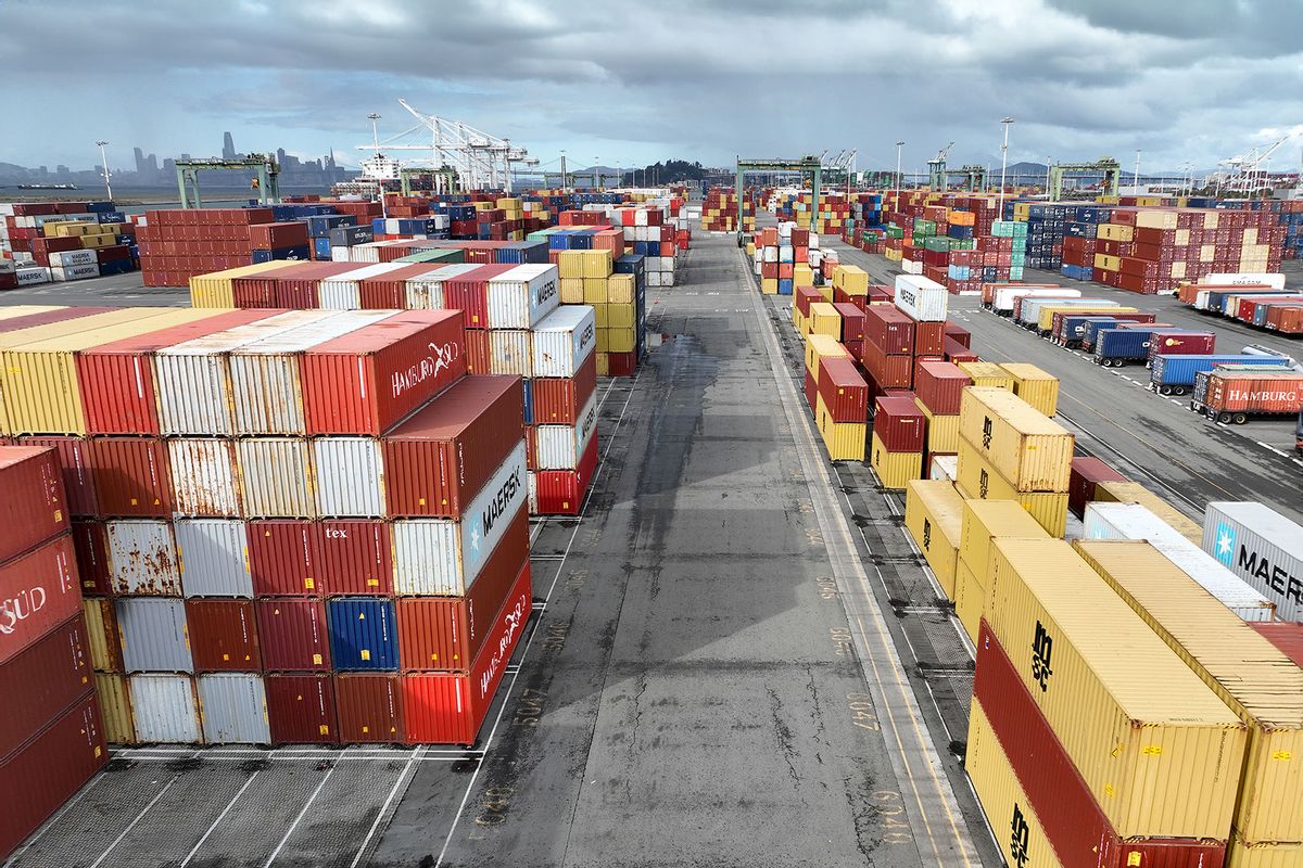 In an aerial view, stacks of shipping containers sit idle as striking longshoremen walk off the job and close the port on November 02, 2022 in Oakland, California. (Justin Sullivan/Getty Images)