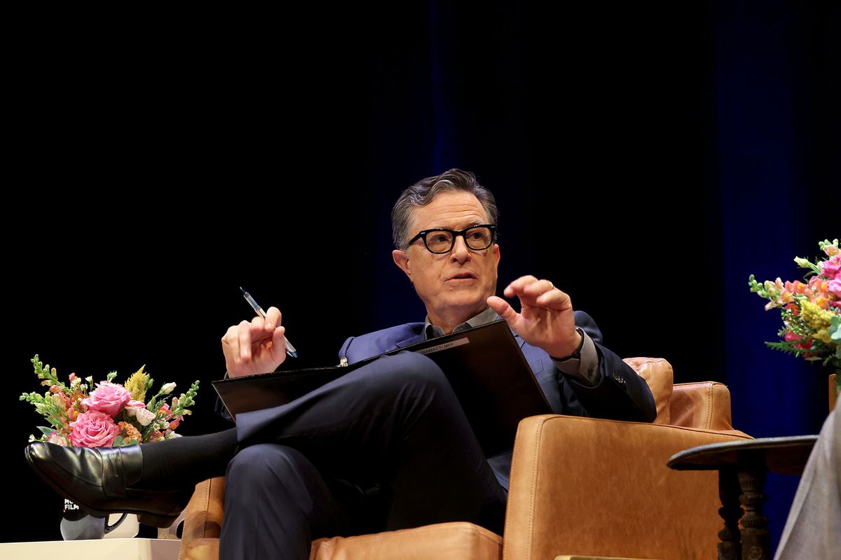 Stephen Colbert takes part in a conversation with Paul Giamatti during the 2024 North To Shore Festival at New Jersey Performing Arts Center on July 26, 2024 in Newark, New Jersey. (Michael Loccisano/Getty Images)