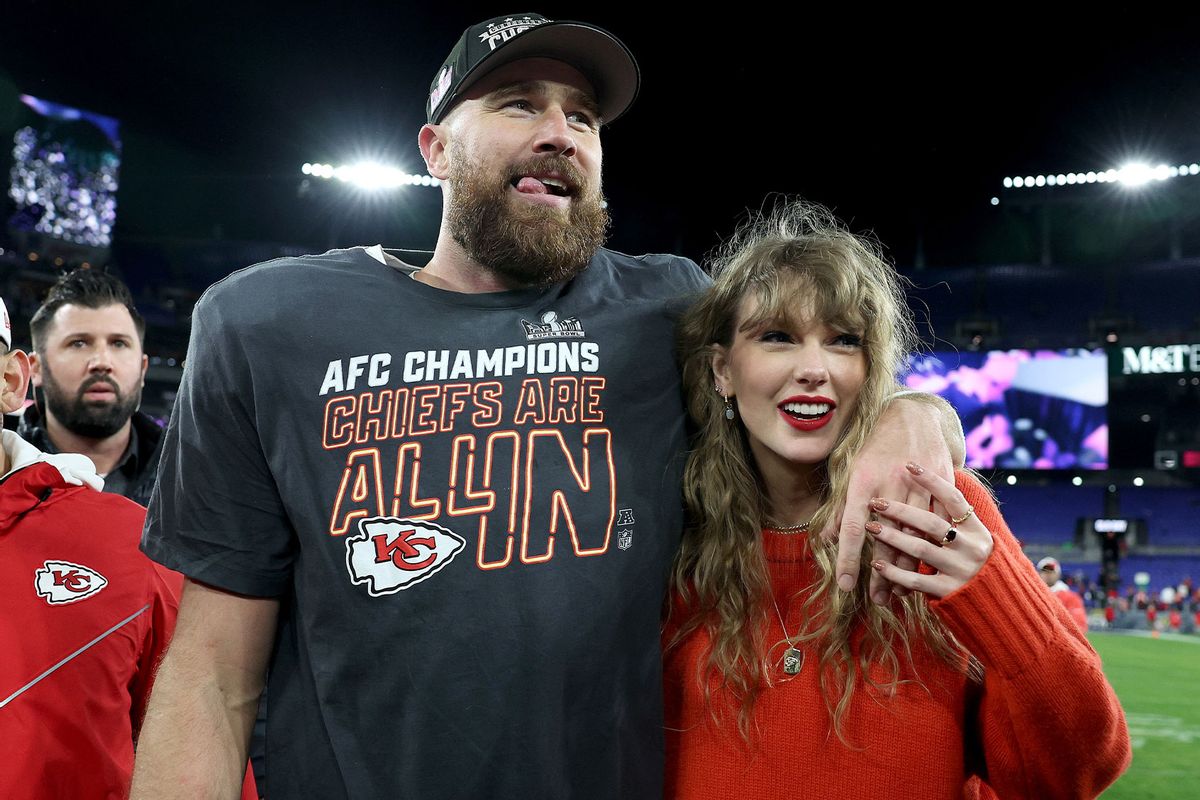 Travis Kelce #87 of the Kansas City Chiefs celebrates with Taylor Swift after a 17-10 victory against the Baltimore Ravens in the AFC Championship Game at M&T Bank Stadium on January 28, 2024 in Baltimore, Maryland. (Patrick Smith/Getty Images)