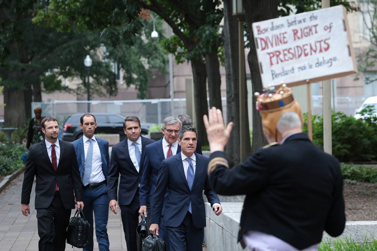 Attorneys for former U.S. President Donald Trump Todd Blanche (C), John Lauro (R) and Gregory Singer (L) arrive at the E. Barrett Prettyman U.S. Court House August 28, 2023 in Washington, DC.  (Win McNamee/Getty Images)