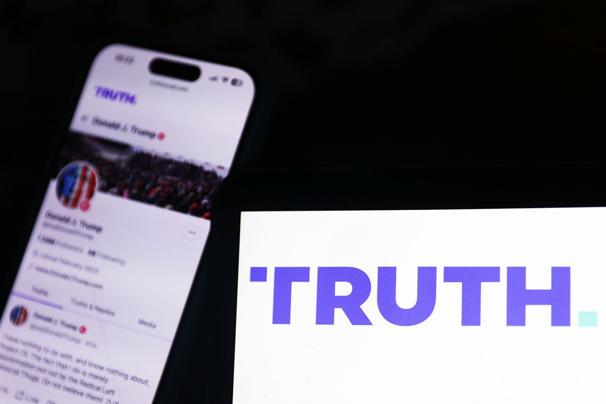 Donald Trump account on Truth displayed on a phone screen and Truth logo on website displayed on a laptop screen. (Jakub Porzycki/NurPhoto via Getty Images)