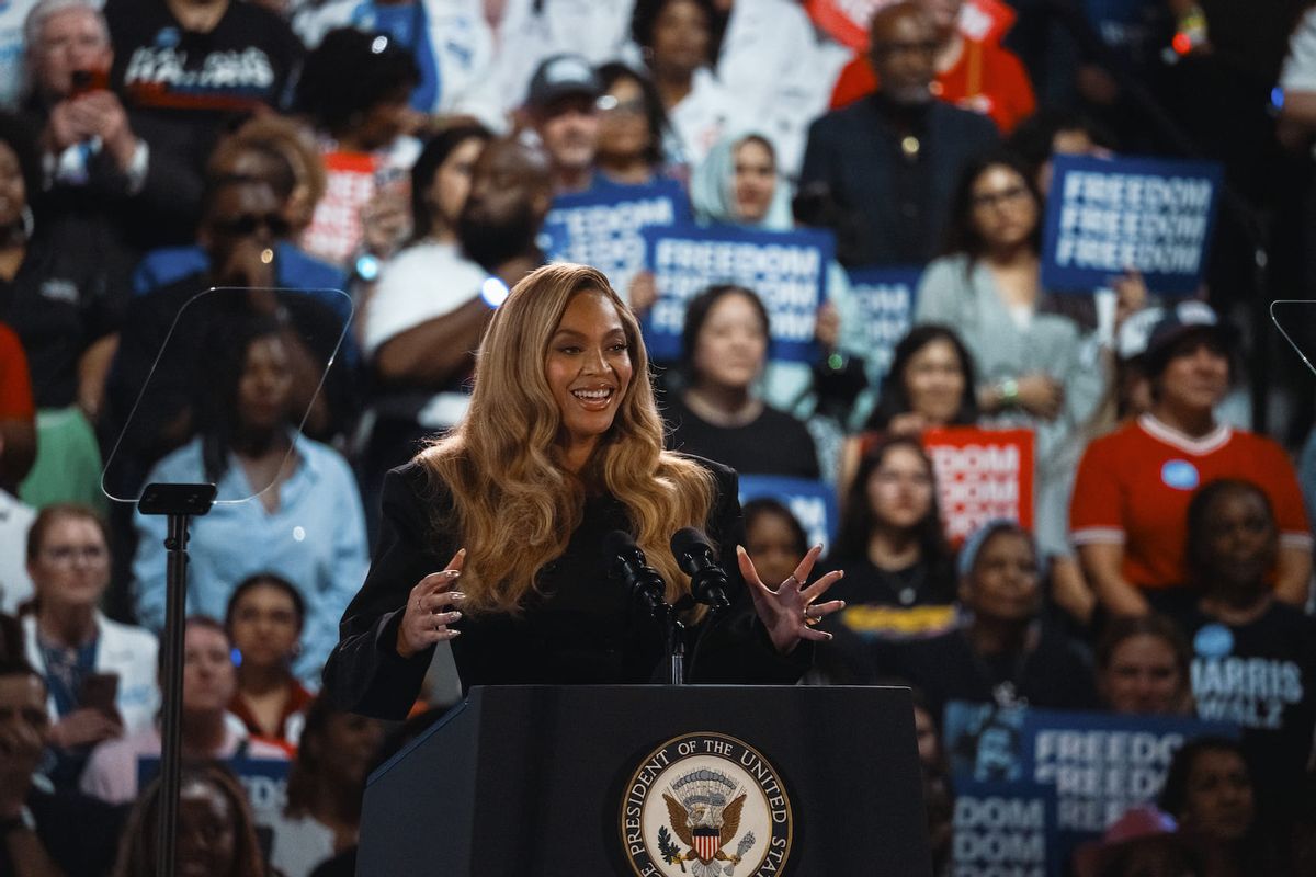 Singer Beyoncé speaks at a campaign rally for Democratic presidential nominee, Vice President Kamala Harris, on October 25, 2024 in Houston, Texas. Harris is campaigning in Texas holding a rally supporting reproductive rights with recording artists Beyoncé and Willie Nelson. (Photo by Jordan Vonderhaar/Getty Images)