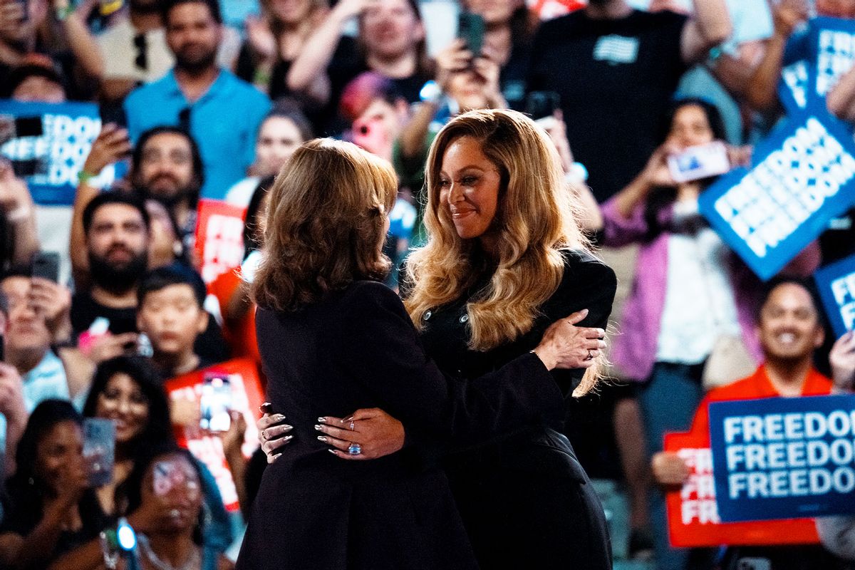 Democratic presidential nominee, Vice President Kamala Harris embraces singer Beyoncé at a campaign rally on October 25, 2024 in Houston, Texas.  (Jordan Vonderhaar/Getty Images)