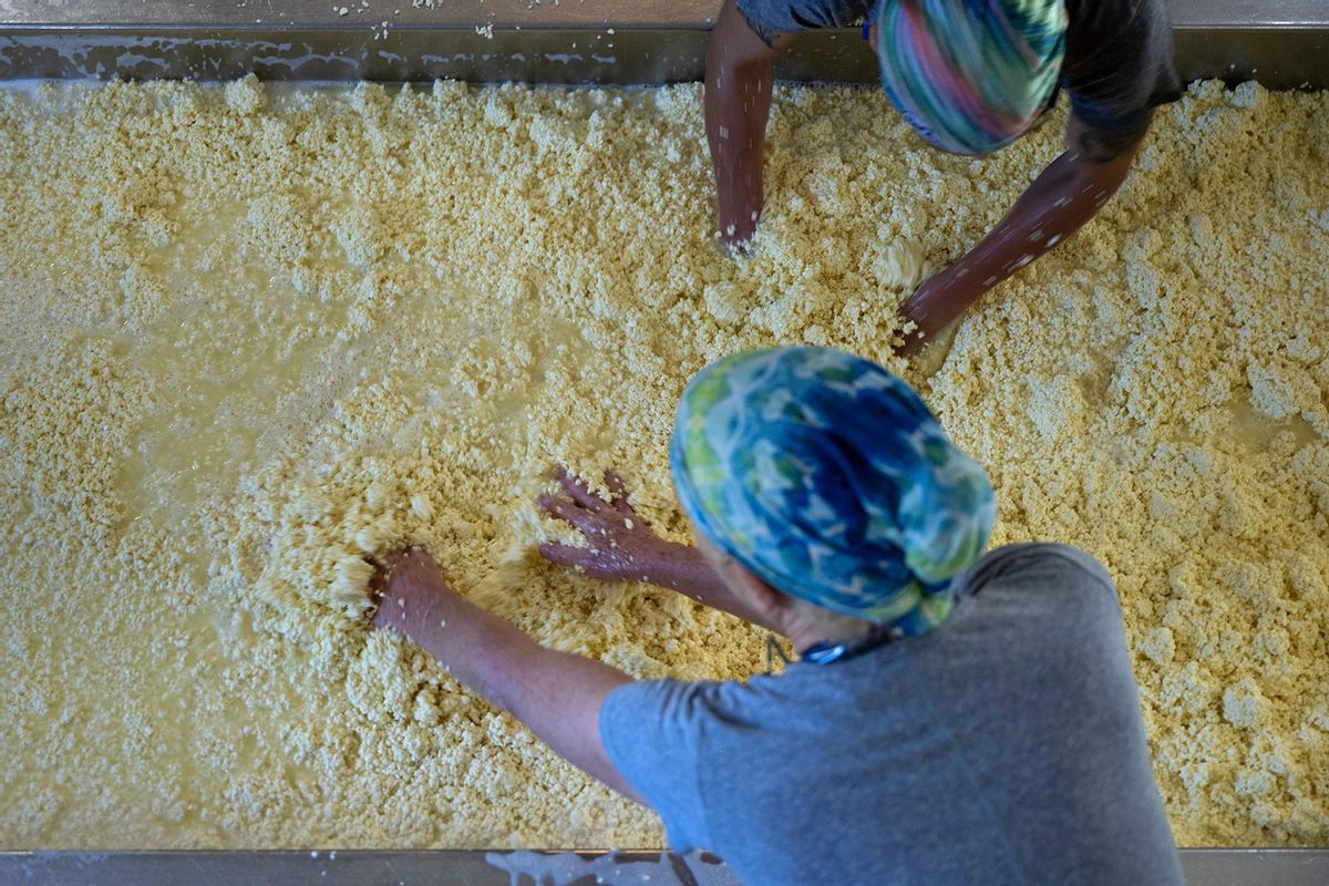 Helen Feete (bottom), co-owner, and Ana Arguello, cheese maker, process cheese curds while separating it from the whey during production at the Meadow Creek Dairy Farm on October 5, 2022, in Galax, Virginia. (BRENDAN SMIALOWSKI/AFP via Getty Images)