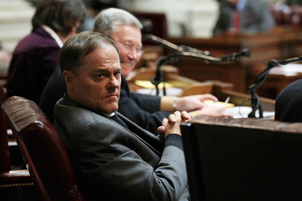 Republican Wisconsin state Sen. Robert Cowles looks on during a session of the State Senate at the Wisconsin State Capitol on March 8, 2011 in Madison, Wisconsin. As demonstations continue at the Wisconsin State Capitol against Governor Scott Walker's attempt to push through a bill that would restrict collective bargaining for most government workers in the state, two republican senators are reportedly wavering on their support of governor Walker's budget bill. (Photo by Justin Sullivan/Getty Images)