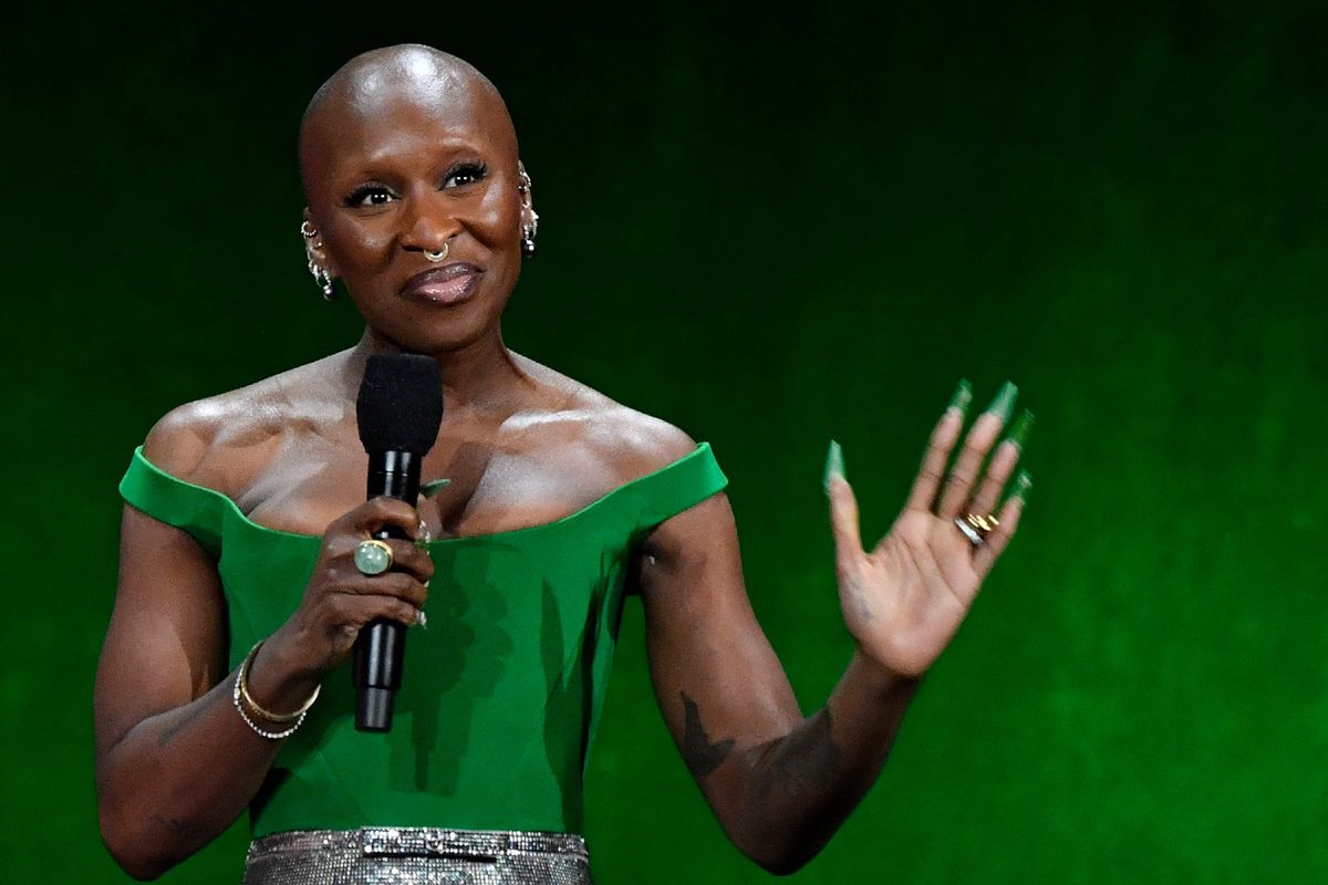 British actress Cynthia Erivo speaks about the movie "Wicked" during the Universal Pictures and Focus Features presentation at The Colosseum at Caesars Palace at CinemaCon 2024 in Las Vegas, Nevada, on April 10, 2024.  (VALERIE MACON/AFP via Getty Images)