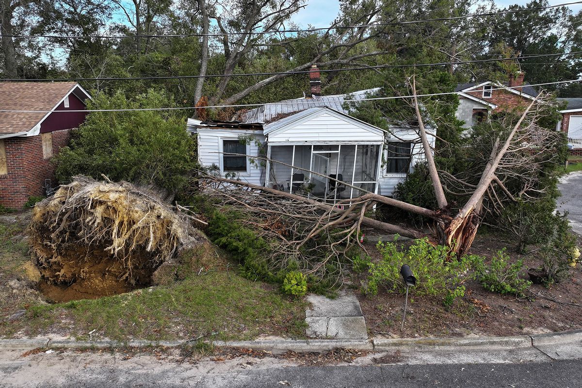 A tree lays on top of a home as the area recovers from the aftermath of Hurricane Helene on October 05, 2024 in Augusta, Georgia. (Joe Raedle/Getty Images)