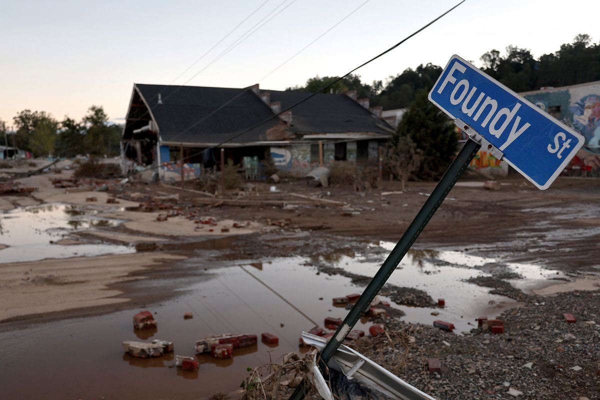 OCTOBER 02: Debris covers the River Arts District in the aftermath of Hurricane Helene flooding on October 2, 2024 in Asheville, North Carolina. (Mario Tama/Getty Images)