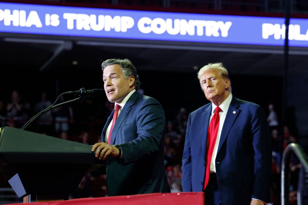 Dave McCormick, Republican U.S. Senate candidate from Pennsylvania, speaks alongside Republican presidential candidate, former U.S. President Donald Trump at a campaign rally at the Liacouras Center on June 22, 2024 in Philadelphia, Pennsylvania. (Anna Moneymaker/Getty Images)