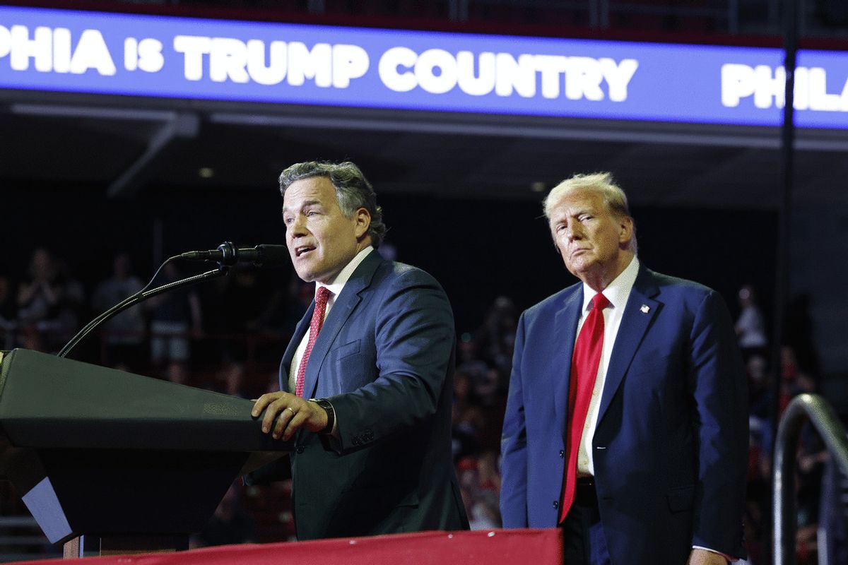 Dave McCormick, Republican U.S. Senate candidate from Pennsylvania, speaks alongside Republican presidential candidate, former U.S. President Donald Trump at a campaign rally at the Liacouras Center on June 22, 2024 in Philadelphia, Pennsylvania. Earlier today Trump delivered remarks at the Faith and Freedom Road to Majority conference in Washington DC. (Anna Moneymaker/Getty Images)