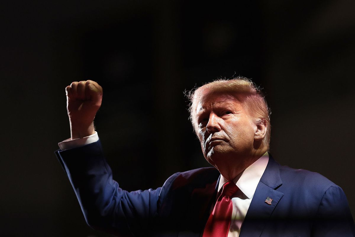 Republican presidential nominee, former U.S. President Donald Trump, pumps his fist as he finishes speaking at a campaign rally at the Ed Fry Arena September 23, 2024 in Indiana, Pennsylvania. (Win McNamee/Getty Images)