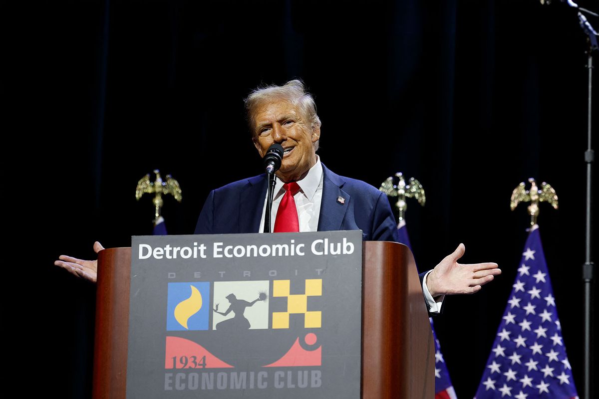 Former US president and Republican presidential candidate Donald Trump addresses the Detroit Economic Club at the Motor City Casino in Detroit, Michigan, on October 10, 2024. (JEFF KOWALSKY/AFP via Getty Images)