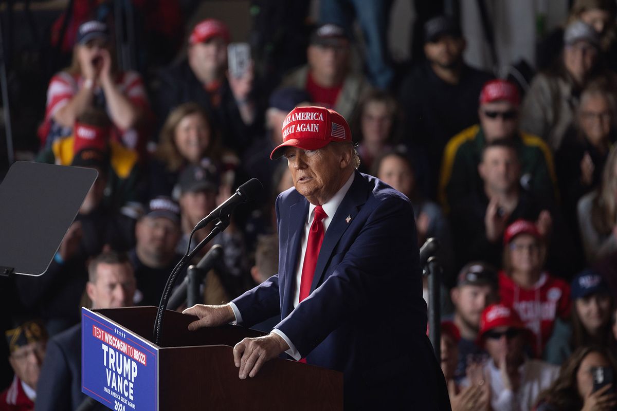 Republican presidential nominee former President Donald Trump speaks during a rally at Dodge County Airport on October 06, 2024 in Juneau, Wisconsin. (Scott Olson/Getty Images)