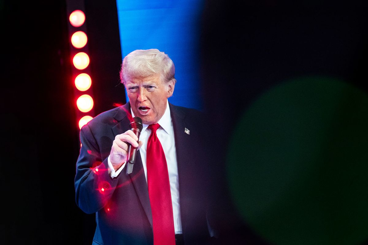 Republican presidential nominee former President Donald Trump participates in an Univision town hall hosted by Enrique Acevedo in Doral, Florida on Wednesday, Oct. 16, 2024. (Jabin Botsford/The Washington Post via Getty Images)