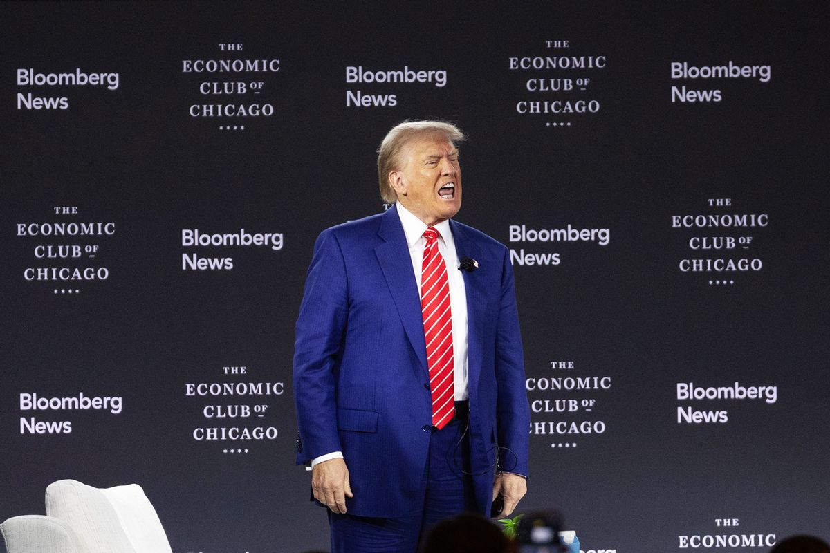 Republican presidential nominee former President Donald Trump leaves the stage following an interview with Bloomberg News Editor-in-Chief John Micklethwait during a luncheon hosted by the Economic Club of Chicago on October 15, 2024 in Chicago, Illinois. (Scott Olson/Getty Images)