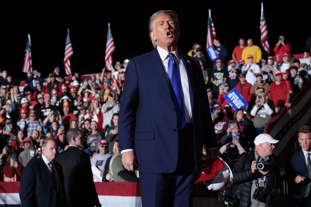 Republican presidential nominee, former U.S. President Donald Trump, reacts to the crowd as he concludes a campaign rally on October 19, 2024, in Latrobe, Pennsylvania. (Win McNamee/Getty Images)