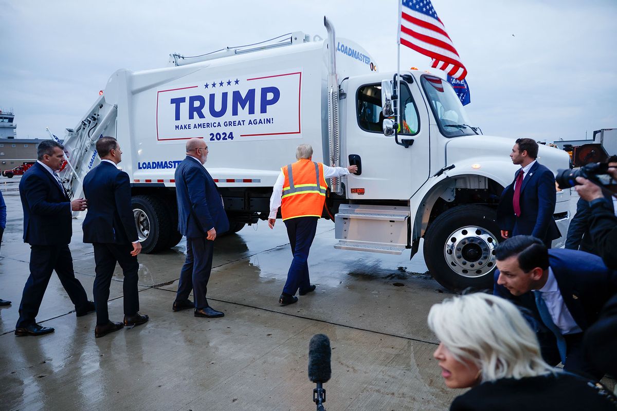 Republican presidential nominee, former President Donald Trump prepares to hold a press conference from inside trash hauler at Green Bay Austin Straubel International Airport on October 30, 2024 in Green Bay, Wisconsin. (Chip Somodevilla/Getty Images)