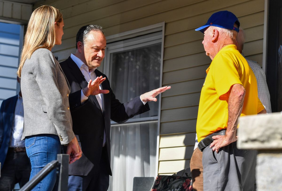 Second Gentleman Doug Emhoff and Scranton Mayor Paige Cognetti knock on the doors of voters in Scranton, Pa. ( Aimee Dilger/SOPA Images/LightRocket via Getty Images)